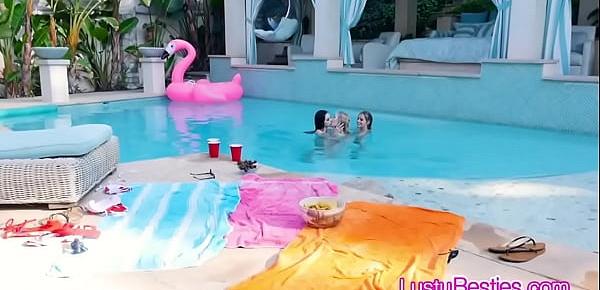  Wet poolside threesome with horny girlfriends